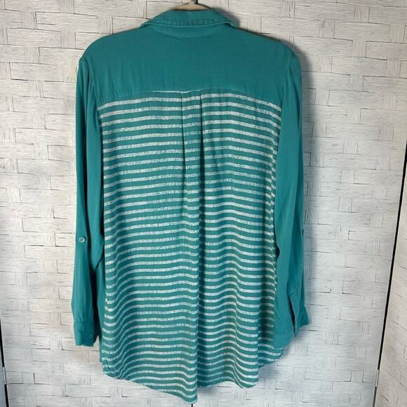 Chico’s Button Down Shirt-Tunic teal and white striped back coastal grandma - Picture 2 of 9